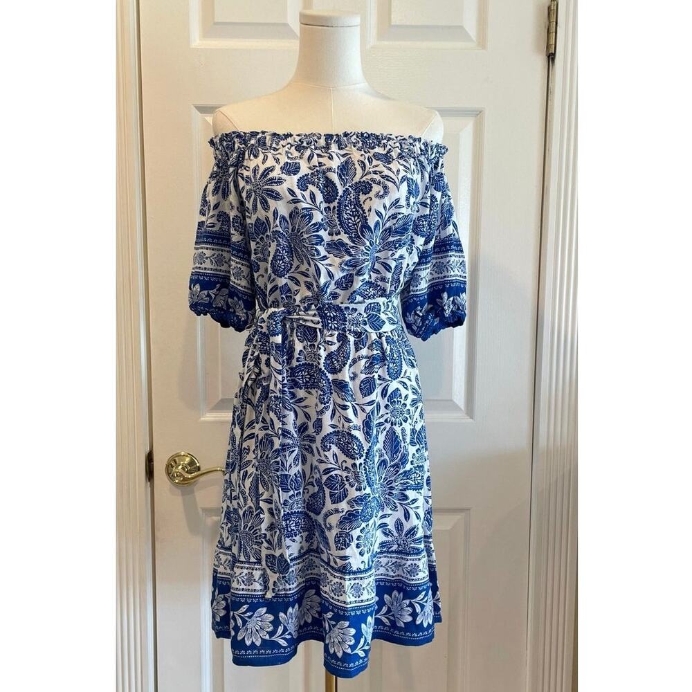 LOFT Paisley Ruffle Off the Shoulder Blue Linen blend Dress Size Medium Petite